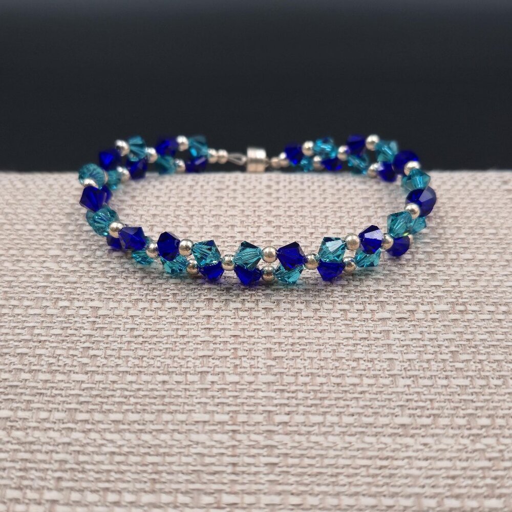 8 Inch Sterling Silver Two Tone Blue Crystals Bracelet B952